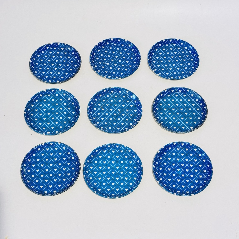 (9) Vintage Enamelware Coasters Round Blue w/White‎ Hearts Cottage Core Country